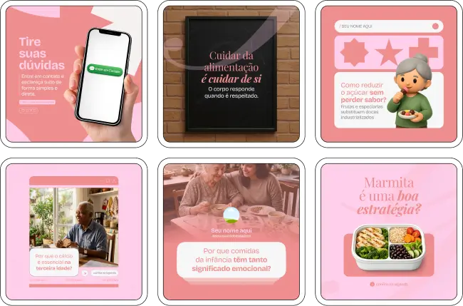 Pack de artes editáveis no Canva para nutricionistas e profissionais da saúde que trabalham com idosos, facilitando conteúdos sobre dieta equilibrada, necessidades nutricionais na terceira idade e cuidados com a alimentação do idoso.