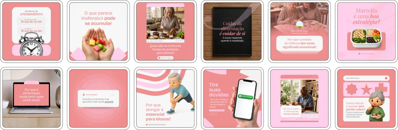 Pack de posts editáveis no Canva para nutricionistas que atuam com nutrição geriátrica, ideal para produzir conteúdos sobre alimentação na terceira idade, prevenção de doenças, saúde do idoso e qualidade de vida.