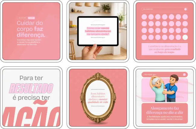 Pack de artes editáveis no Canva para nutricionistas que atendem o público idoso e desejam compartilhar orientações sobre cardápios saudáveis, hábitos alimentares, suplementação e bem-estar na terceira idade.