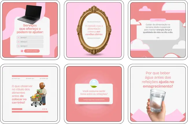 Pack de templates editáveis no Canva para nutricionistas e gerontólogos que criam conteúdos educativos sobre nutrição do idoso, imunidade, saúde digestiva, alimentação equilibrada e cuidados nutricionais no envelhecimento.