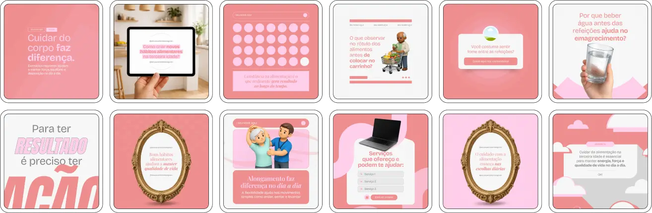 Pack de posts editáveis no Canva para profissionais que produzem conteúdo sobre alimentação do idoso, nutrição na terceira idade, prevenção de desnutrição e promoção da saúde e longevidade.