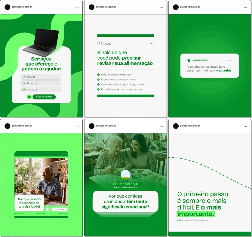 Pack de templates editáveis no Canva para profissionais de nutrição que compartilham conteúdos sobre dieta para emagrecer, hábitos saudáveis, rotina alimentar, foco, disciplina e estratégias para alcançar resultados duradouros com saúde.