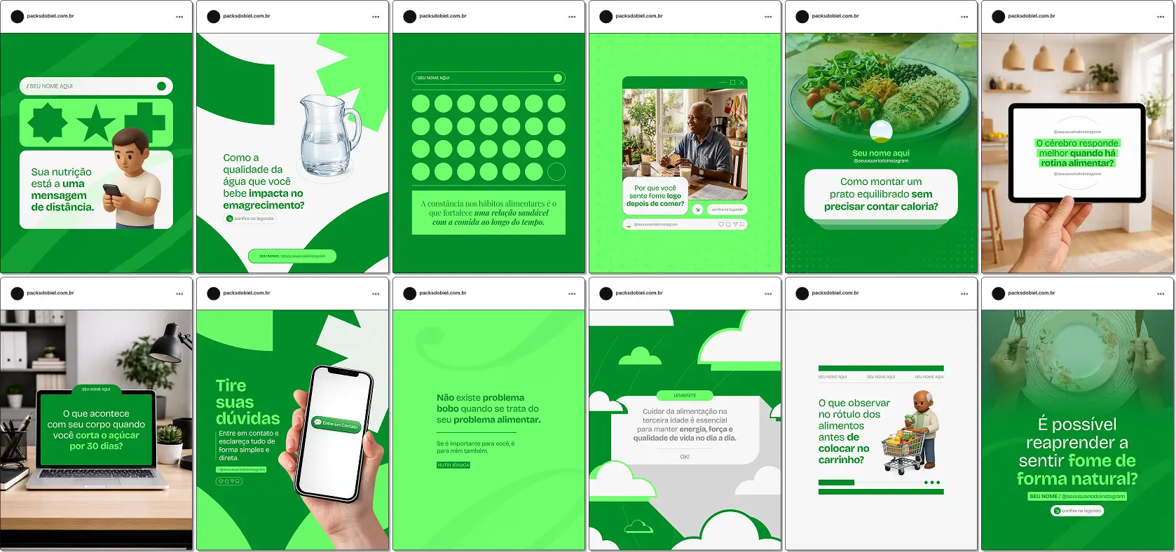 Pack de posts editáveis no Canva para profissionais que produzem conteúdo sobre perda de peso, alimentação saudável, queima de gordura e mudança de hábitos, com foco em educar o público e gerar engajamento no Instagram.