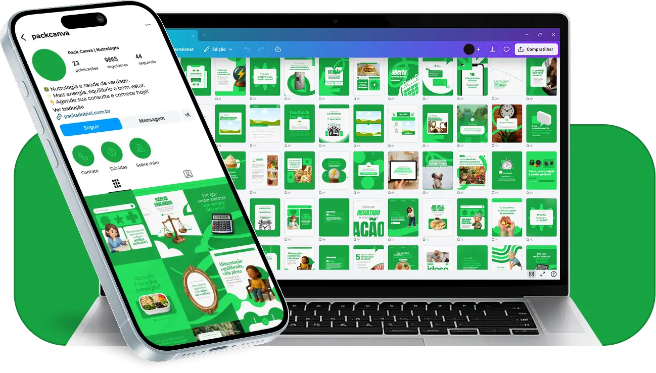 Pack de artes editáveis no Canva para profissionais de nutrologia, ideal para produzir conteúdos sobre suplementação, exames laboratoriais, metabolismo, composição corporal, performance e prevenção de doenças relacionadas à nutrição.