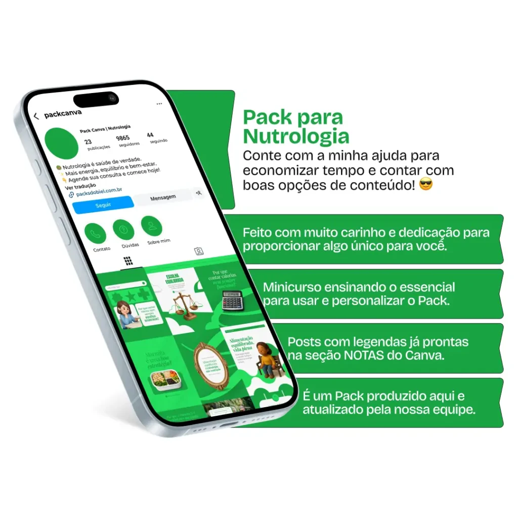 Pack de templates editáveis no Canva para médicos e profissionais que atuam com nutrologia, facilitando a criação de conteúdos sobre tratamento nutricional, equilíbrio hormonal, imunidade, qualidade de vida e estratégias personalizadas de saúde.