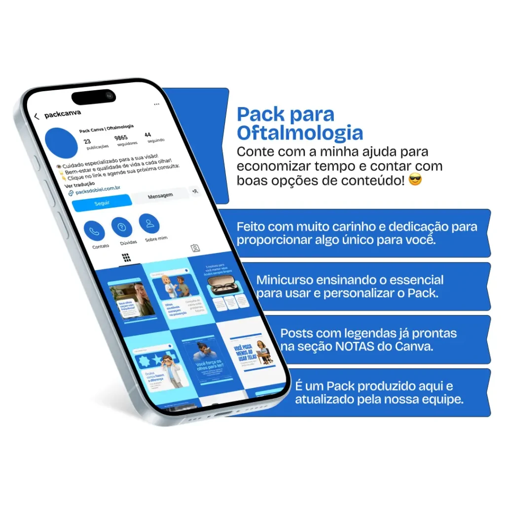 Pack de posts editáveis no Canva para oftalmologistas que desejam criar conteúdos sobre saúde ocular, exames de vista, miopia, astigmatismo, uso de óculos e lentes de contato, mantendo um feed informativo e profissional no Instagram.