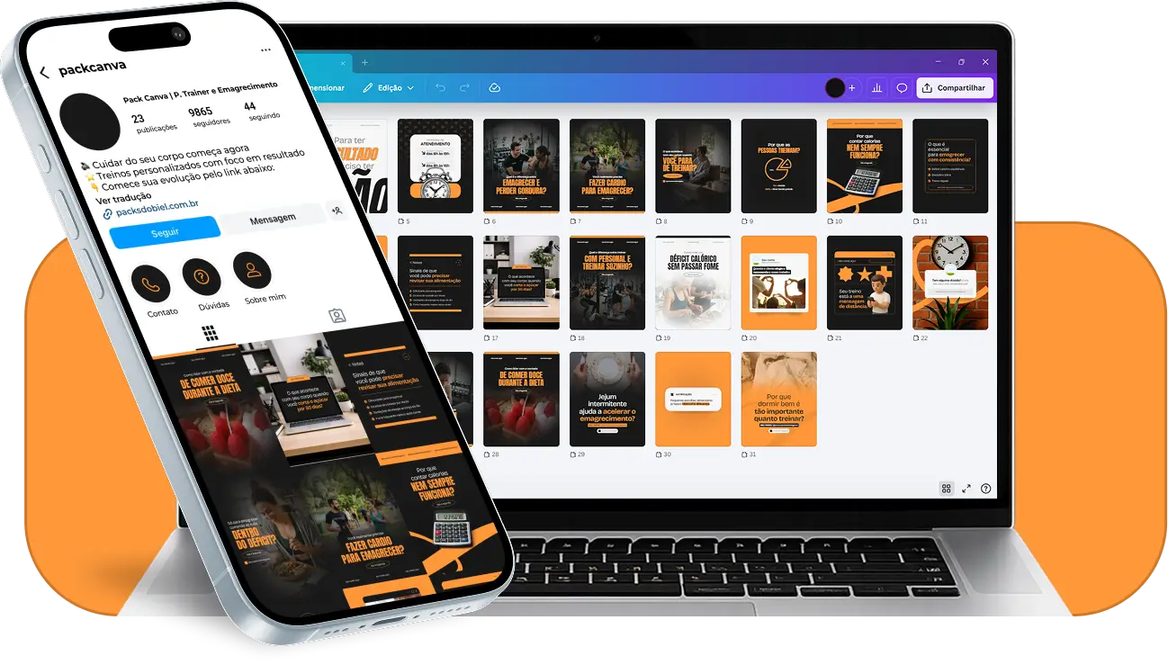 Pack de posts editáveis no Canva para personal trainer focado em emagrecimento, ideal para criar conteúdos sobre perda de peso, queima de gordura, treino para iniciantes e construção de hábitos saudáveis, mantendo um feed profissional e motivador.