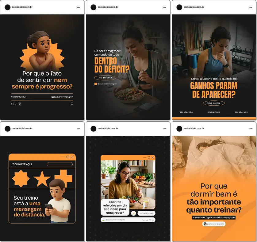Pack de templates editáveis no Canva para personal trainer que trabalha com transformação corporal, facilitando conteúdos sobre antes e depois, definição, perda de gordura e ganho de condicionamento físico.
