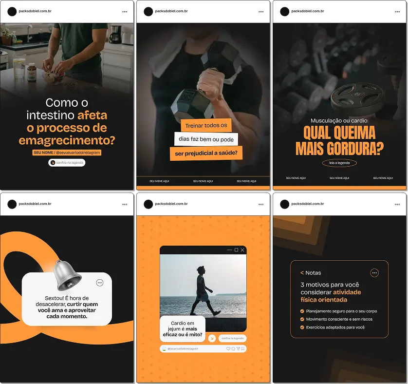 Pack de artes editáveis no Canva para profissionais de educação física que trabalham com emagrecimento, facilitando conteúdos sobre treino funcional, gasto calórico, definição corporal, rotina de exercícios e consistência nos resultados.