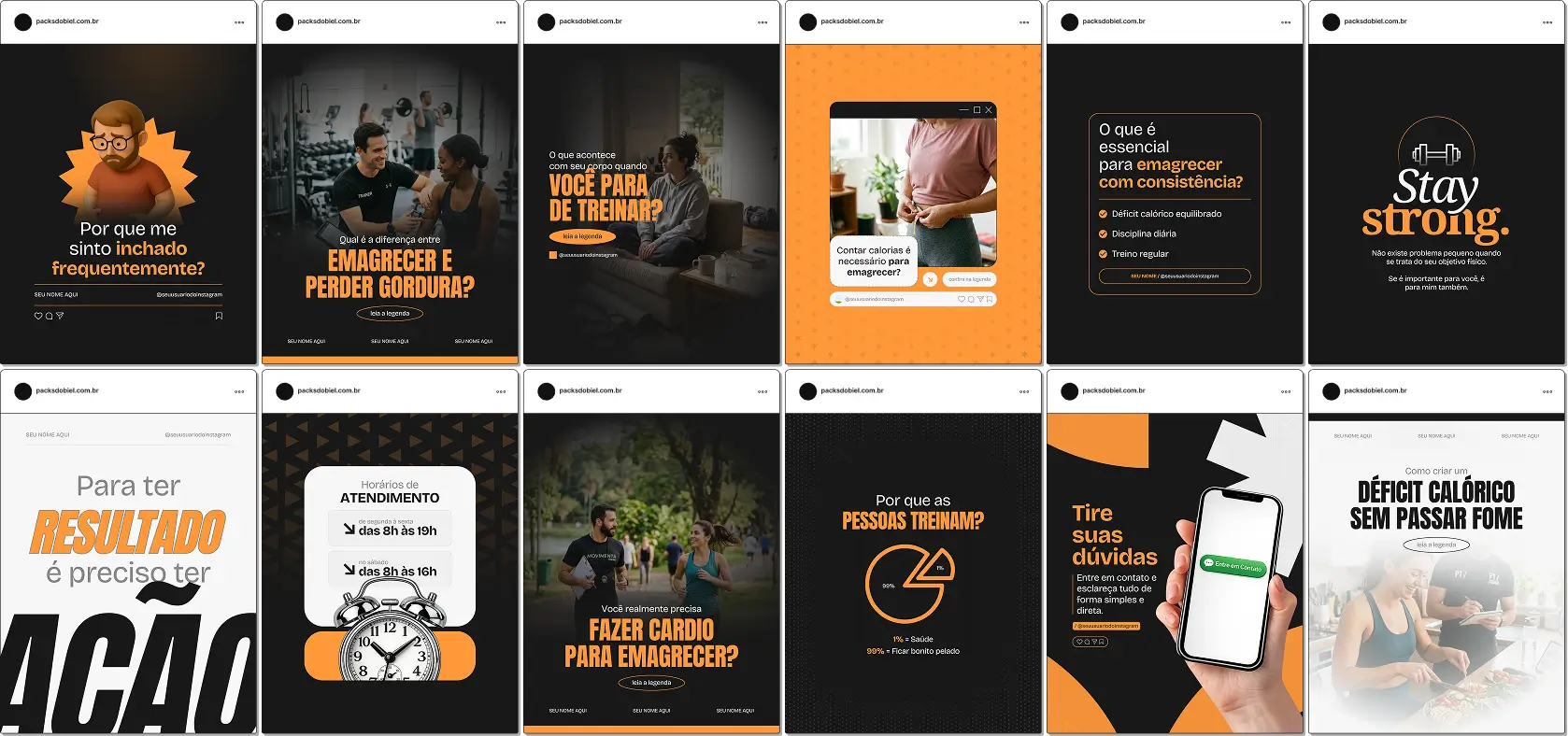 Pack de artes editáveis no Canva para personal trainer que compartilha conteúdos sobre rotina de treino, divisão muscular, exercícios para iniciantes, evolução física e hábitos saudáveis.