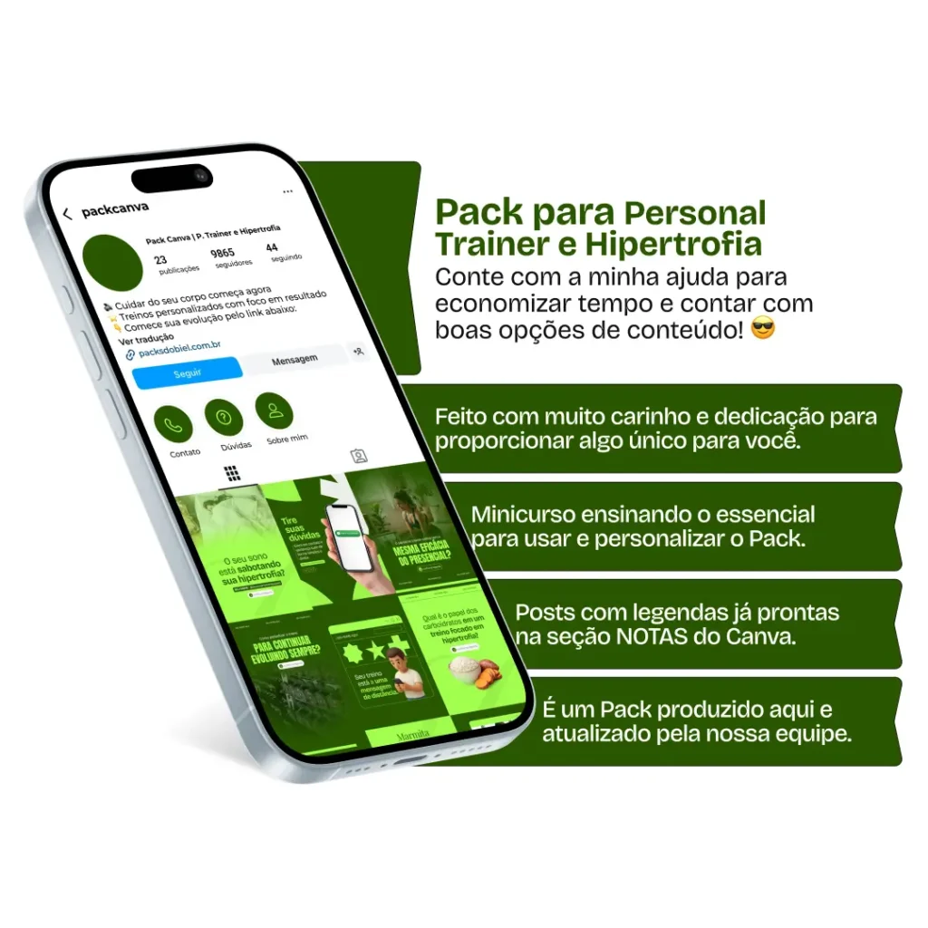 Pack de templates editáveis no Canva para personal trainer que trabalha com transformação corporal, facilitando conteúdos sobre antes e depois, ganho de massa, definição muscular e consistência nos treinos.