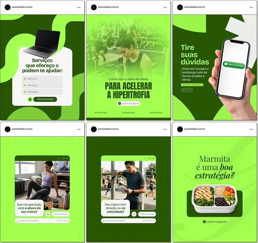 Pack de artes editáveis no Canva para profissionais de educação física que trabalham com hipertrofia, facilitando conteúdos sobre treino de força, séries e repetições, descanso, intensidade e evolução muscular.