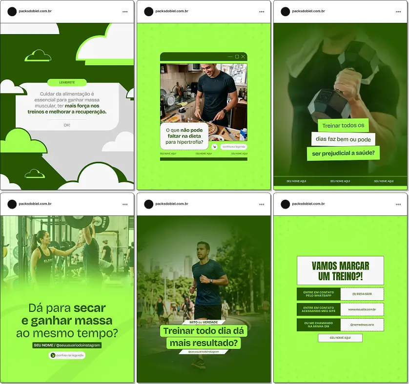 Pack de artes editáveis no Canva para profissionais de educação física que trabalham com hipertrofia, facilitando conteúdos sobre séries e repetições, volume de treino, intensidade, descanso e evolução muscular.