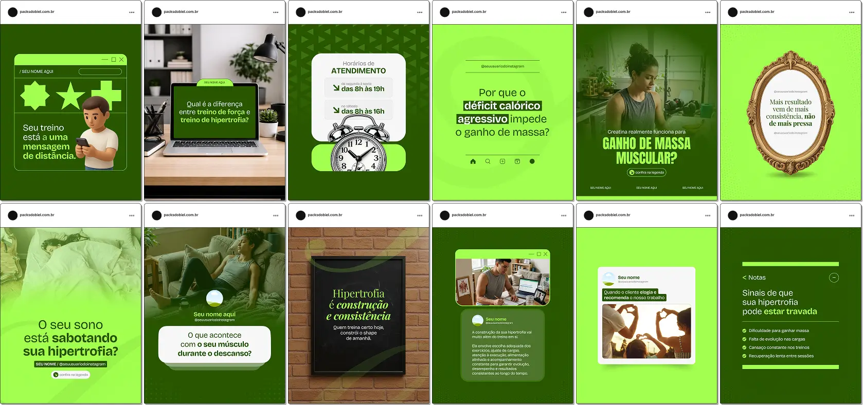 Pack de templates editáveis no Canva para profissionais que atuam com musculação e hipertrofia, ideal para conteúdos sobre ganho de massa muscular, treino estruturado, foco, disciplina e evolução contínua.