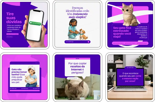 Pack de artes editáveis no Canva para lojas e serviços pet, ideal para produzir conteúdos sobre alimentação animal, acessórios para pets, rotina de cuidados, novidades do pet shop e promoções, com comunicação visual profissional.