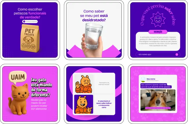 Pack de templates editáveis no Canva para pet shops e empreendedores do mercado pet que compartilham conteúdos sobre cuidados com cães e gatos, saúde animal, produtos, serviços e dicas para tutores, facilitando um perfil consistente e engajador.