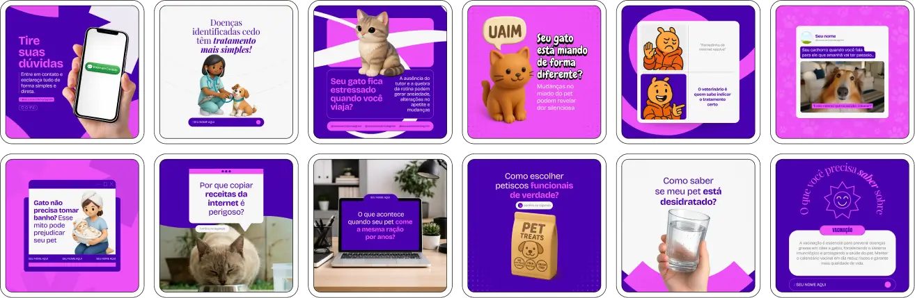 Pack de posts editáveis no Canva para pet shop que deseja criar conteúdos sobre cuidados com pets, banho e tosa, produtos pet, higiene animal e bem-estar de cães e gatos, mantendo um feed organizado e atrativo para clientes.