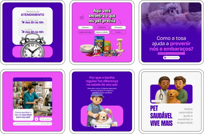 Pack de posts editáveis no Canva para pet shop que deseja criar conteúdo sobre produtos para pets, cuidados com cães e gatos, acessórios, alimentação animal e serviços como banho e tosa, mantendo um feed organizado e profissional.