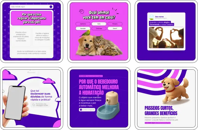 Pack de templates editáveis no Canva para pet shop que busca atrair clientes com conteúdos sobre bem-estar animal, cuidados diários, produtos para cães e gatos, ofertas especiais e relacionamento com tutores.