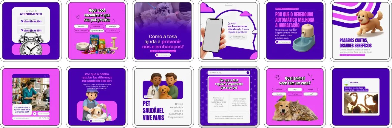 Pack de artes editáveis no Canva para lojas pet, ideal para divulgar ração, brinquedos, higiene, medicamentos veterinários, promoções e novidades do pet shop, fortalecendo a presença no Instagram.