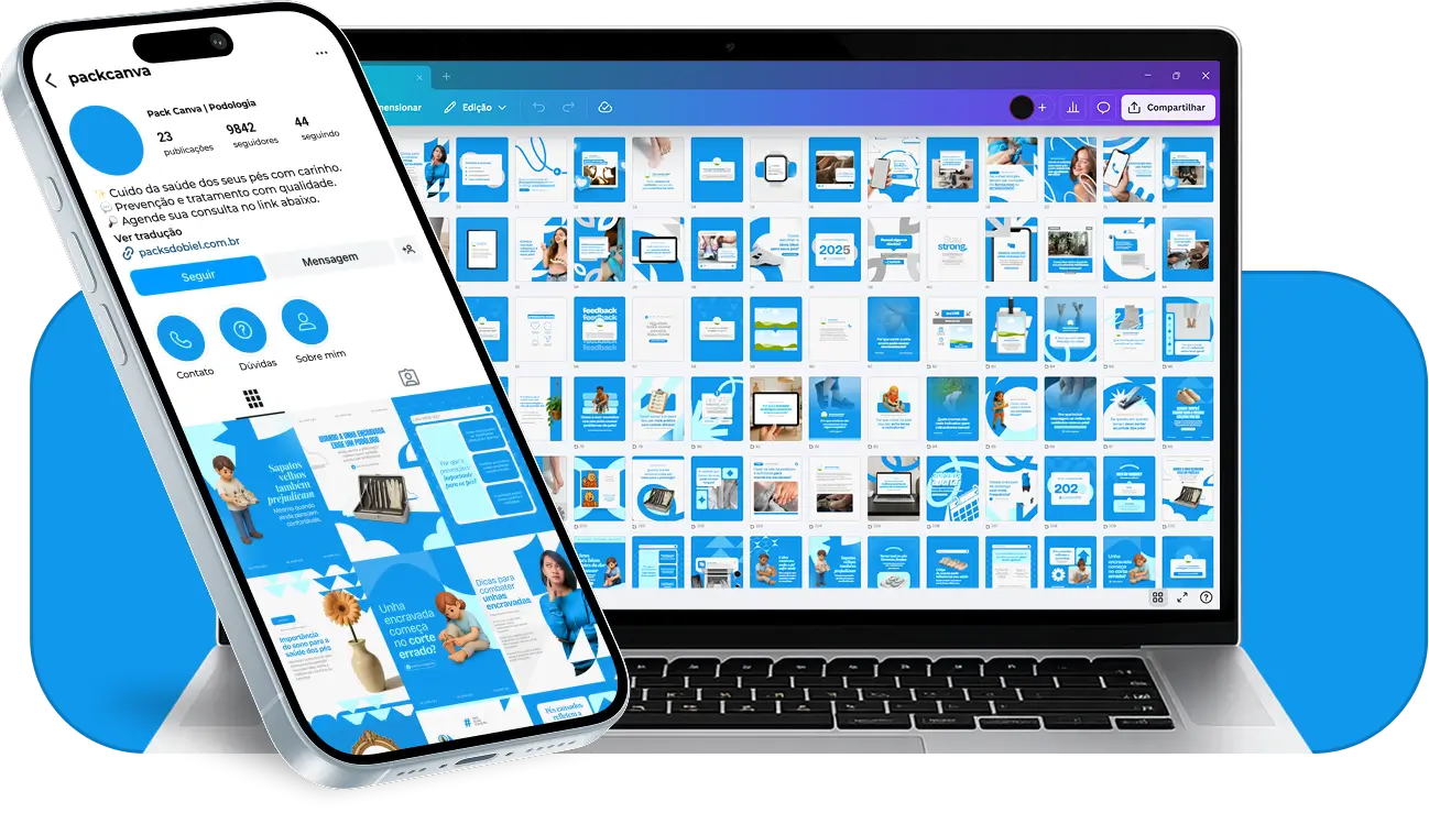 Pack de templates Canva para podologia com foco em cuidados preventivos e saúde plantar