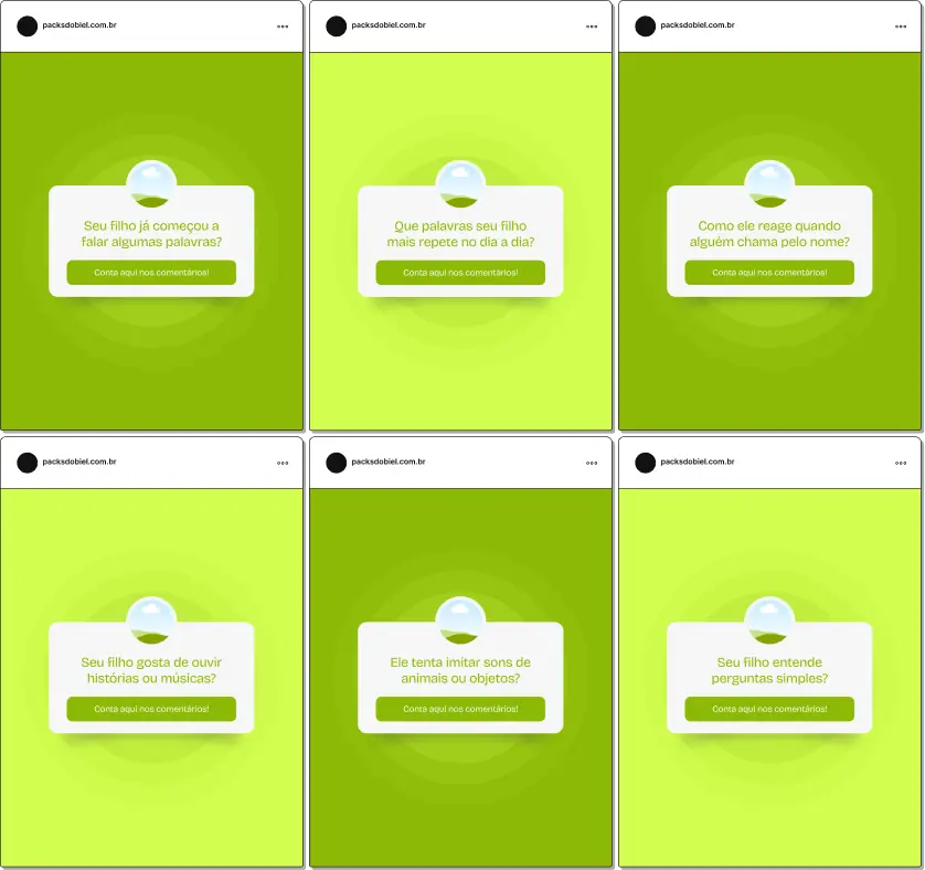 Pack de posts editáveis no Canva no formato caixinha de perguntas para fonoaudiólogos infantis, ideal para gerar interação sobre fala, linguagem, desenvolvimento infantil, troca de sons e dificuldades de comunicação.