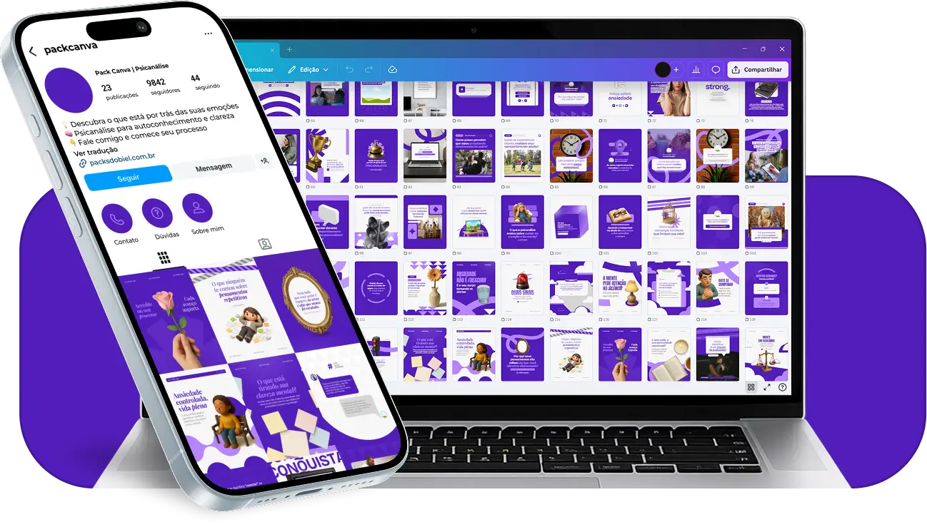 Pack de posts editáveis no Canva para psicanalistas que desejam criar conteúdo sobre inconsciente, emoções, ansiedade, autoconhecimento e processos terapêuticos, mantendo um feed profissional e acolhedor no Instagram.
