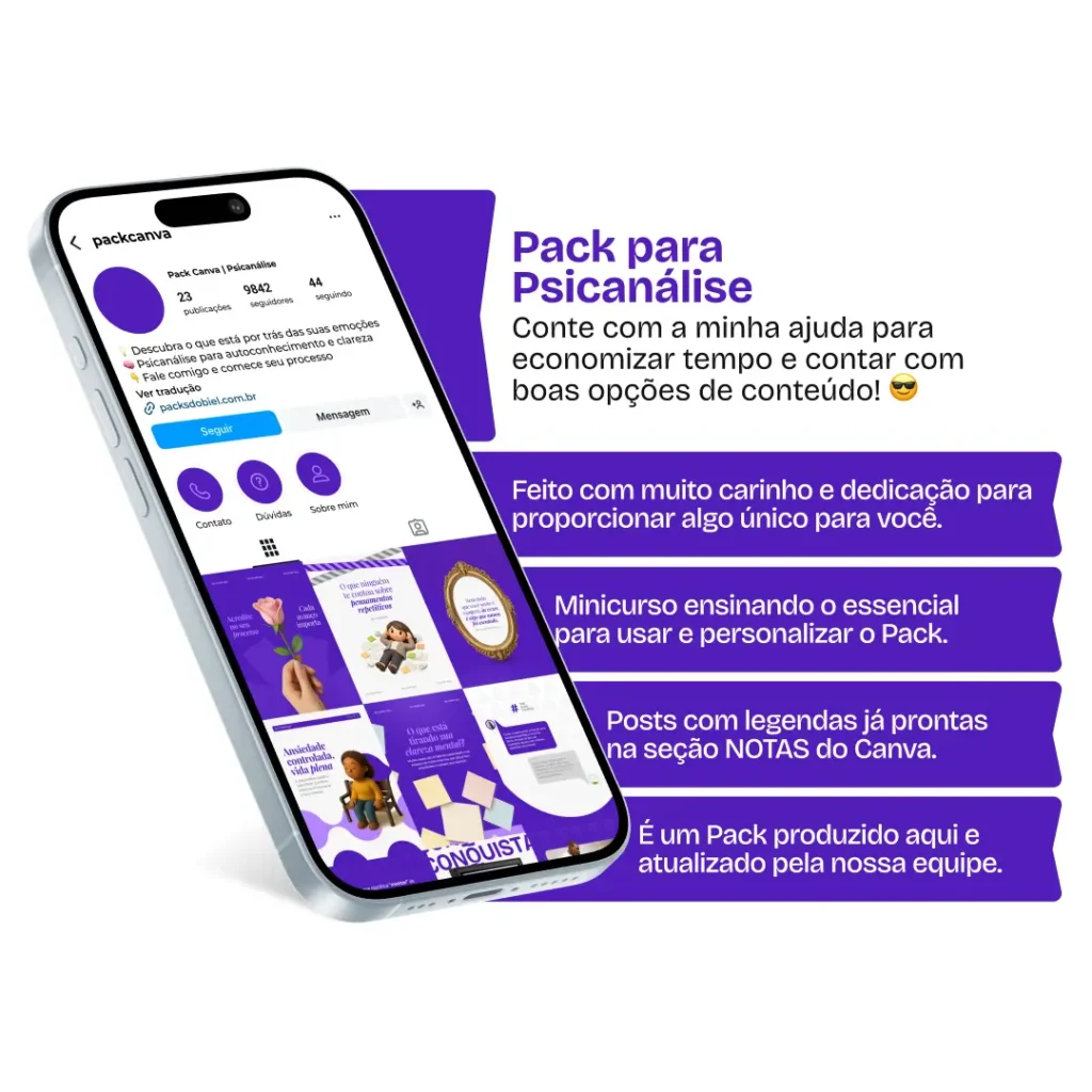 Pack de artes editáveis no Canva para profissionais de psicanálise, ideal para produzir conteúdos sobre escuta clínica, conflitos internos, relações, desenvolvimento emocional e reflexões sobre comportamento humano.