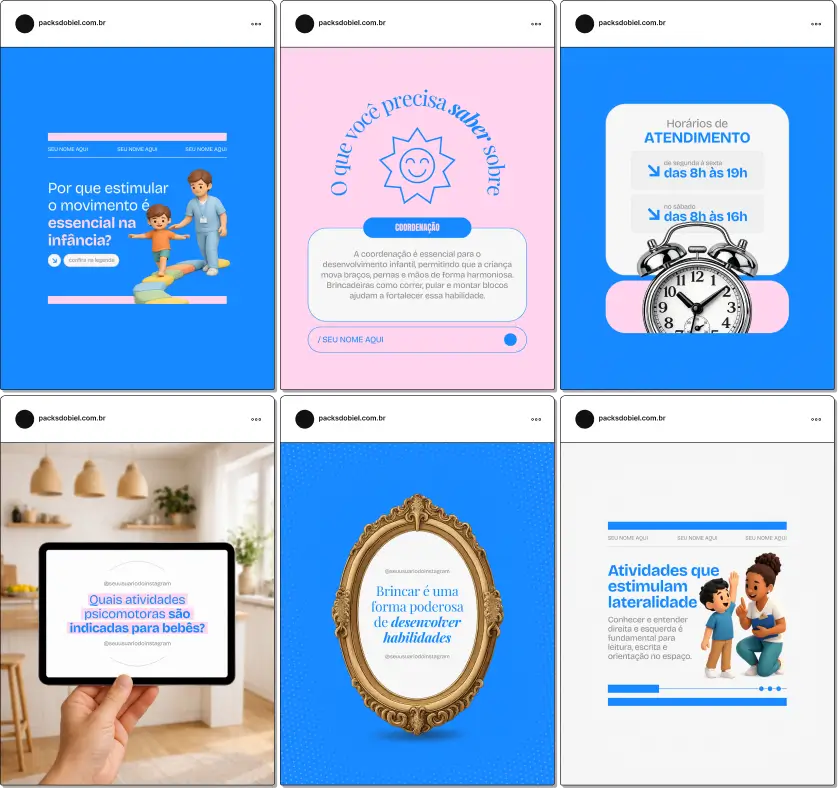 Pack de templates editáveis no Canva para especialistas em psicomotricidade que compartilham informações sobre estimulação cognitiva e motora, desenvolvimento infantil, exercícios de coordenação, equilíbrio e prevenção de dificuldades futuras.
