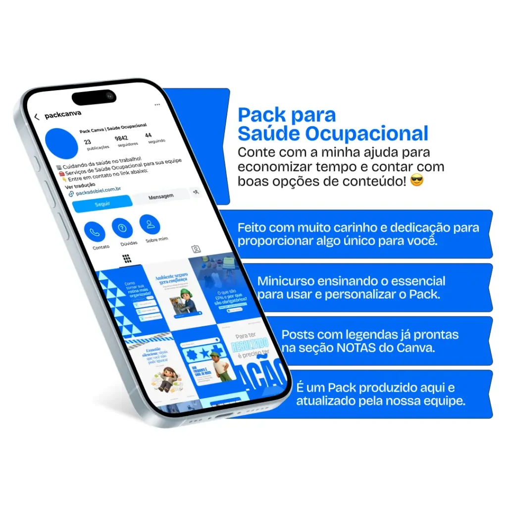 Pack de templates editáveis no Canva para profissionais que atuam com medicina do trabalho e segurança ocupacional, facilitando a criação de posts educativos sobre ergonomia, afastamentos, programas de saúde, prevenção de doenças ocupacionais e comunicação interna para empresas.
