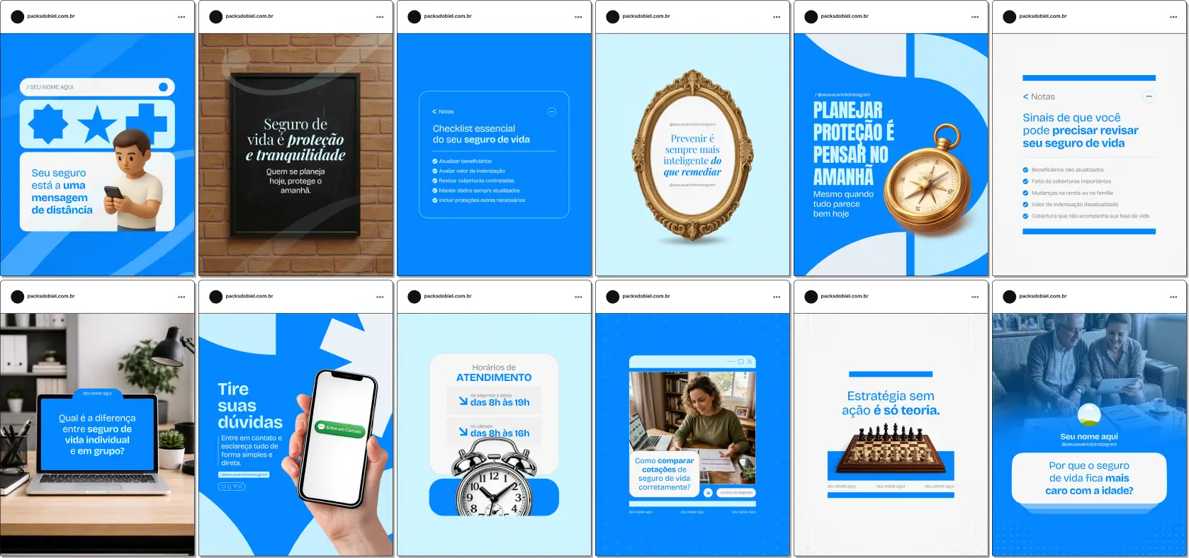 Pack de posts editáveis no Canva para corretores de seguro de vida que desejam criar conteúdos sobre proteção financeira, planejamento familiar, cobertura por morte e invalidez, beneficiários e segurança para o futuro, mantendo um feed profissional e confiável.
