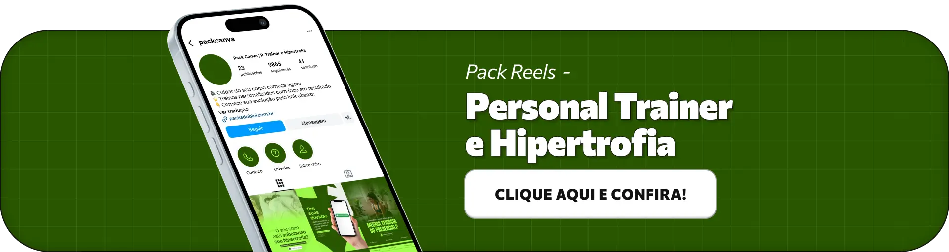 Pack de posts editáveis no Canva para personal trainer focado em hipertrofia, ideal para criar conteúdos sobre ganho de massa muscular, divisão de treino, progressão de carga e execução correta dos exercícios, mantendo um feed profissional e estratégico.