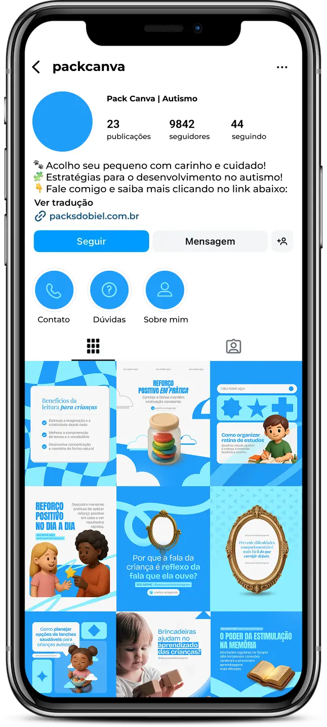 Pack de posts editáveis no Canva para psicólogos, terapeutas e profissionais que atuam com autismo, ideal para criar conteúdos sobre TEA, desenvolvimento infantil, comunicação, comportamento e estratégias de intervenção, mantendo um feed acolhedor e informativo.
