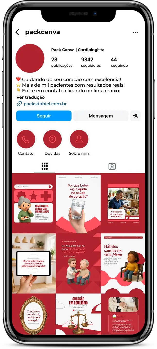 Pack de artes editáveis no Canva para clínicas cardiológicas, ideal para produzir conteúdos sobre doenças cardiovasculares, check-up cardíaco, eletrocardiograma, alimentação saudável e qualidade de vida.