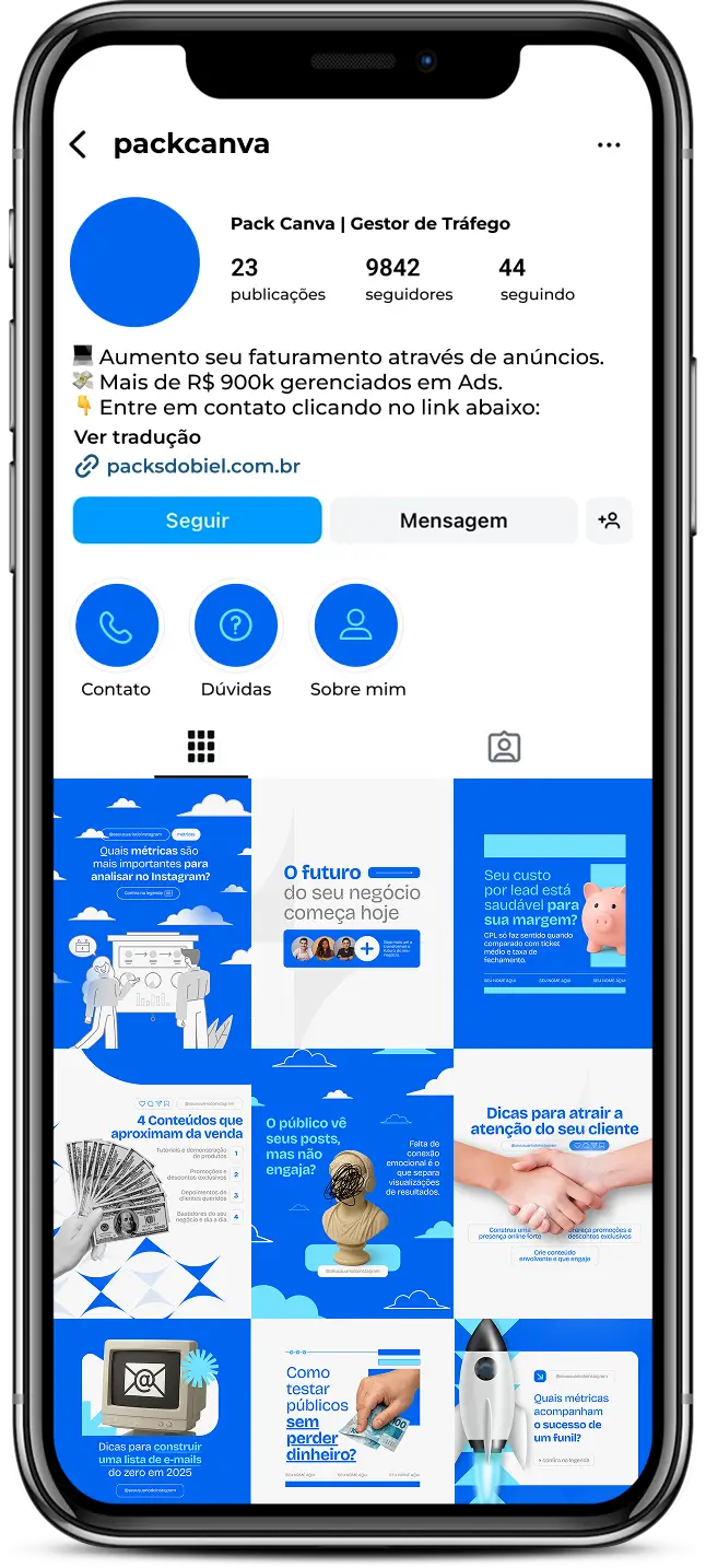 Pack de templates editáveis no Canva para especialistas em tráfego que compartilham estratégias de anúncios online, gestão de orçamento, criação de criativos, públicos personalizados e performance de campanhas nas redes sociais.