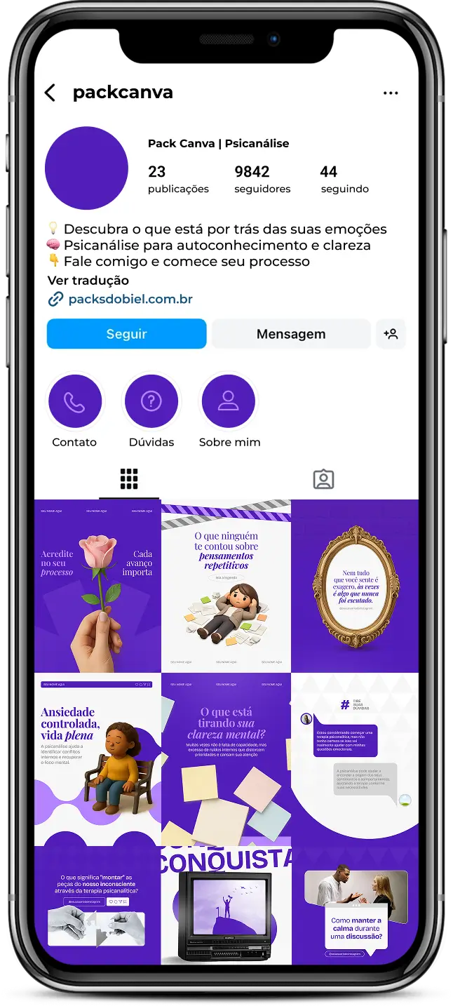 Pack de templates editáveis no Canva para psicanalistas que compartilham conteúdos sobre teoria psicanalítica, saúde mental, interpretação de sentimentos, rotina terapêutica e construção do autoconhecimento, com comunicação visual organizada e consistente.