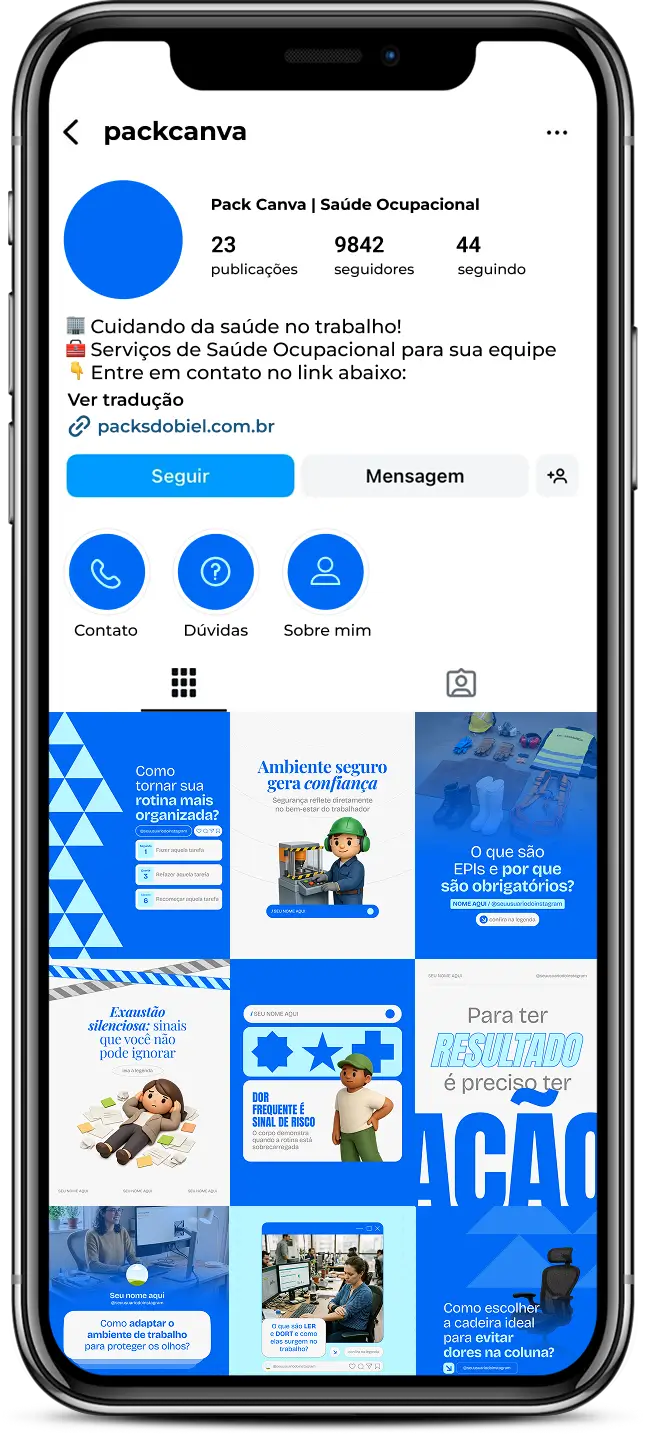 Pack de posts editáveis no Canva para profissionais de saúde ocupacional, como médicos do trabalho, enfermeiros e técnicos de segurança, ideal para criar conteúdos sobre segurança do trabalho, ergonomia, prevenção de acidentes, qualidade de vida no trabalho e bem-estar corporativo, mantendo um feed organizado e profissional.