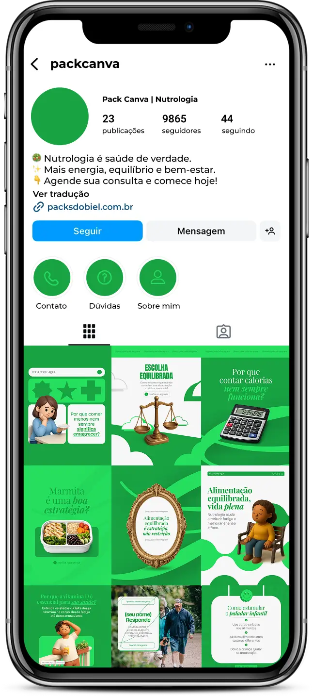 Pack de posts editáveis no Canva para nutrologistas que desejam criar conteúdos sobre avaliação nutricional, deficiências de vitaminas, reposição de nutrientes, emagrecimento saudável e saúde metabólica, mantendo um feed profissional e informativo no Instagram.