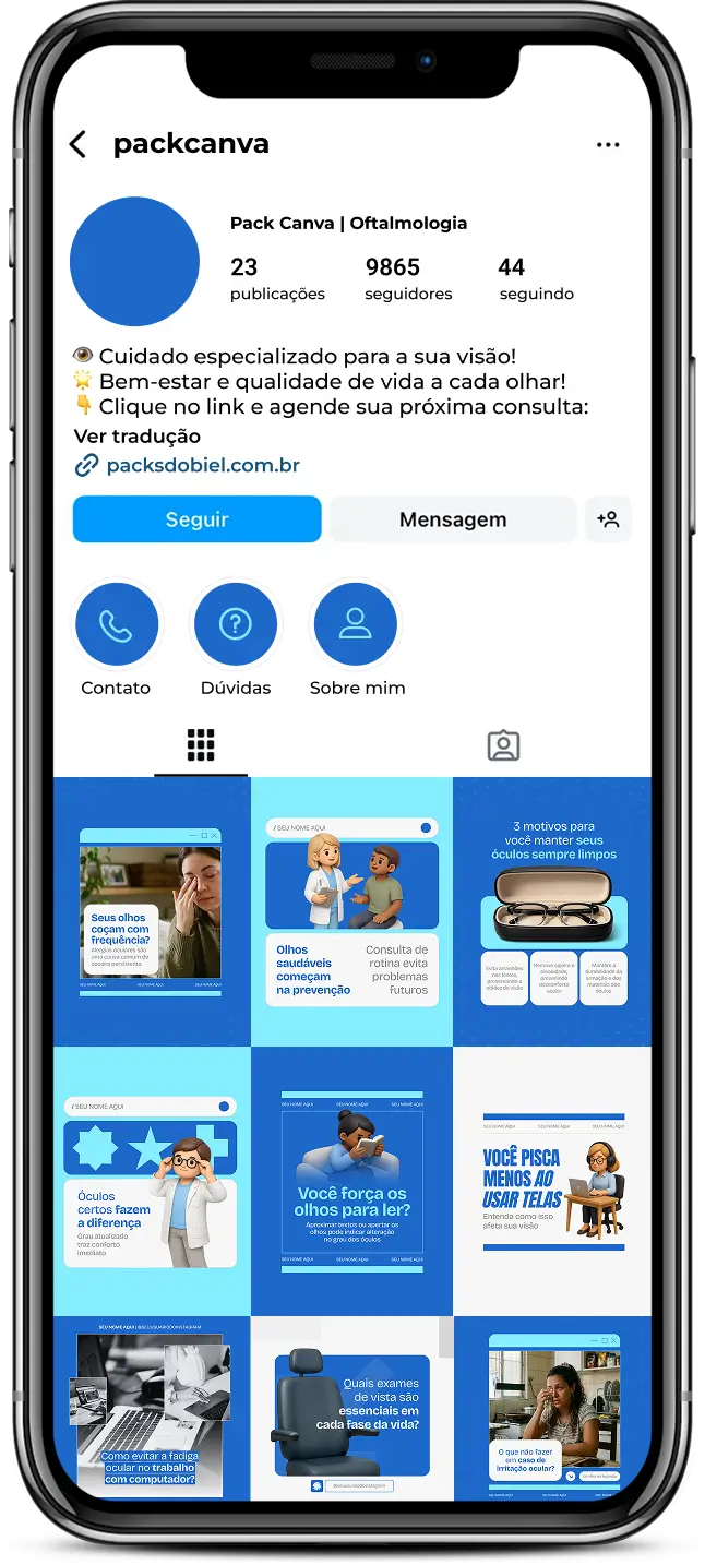 Pack de templates editáveis no Canva para profissionais da área oftalmológica que compartilham conteúdos sobre diagnóstico ocular, check-up oftalmológico, saúde dos olhos, correção visual e orientação para pacientes.