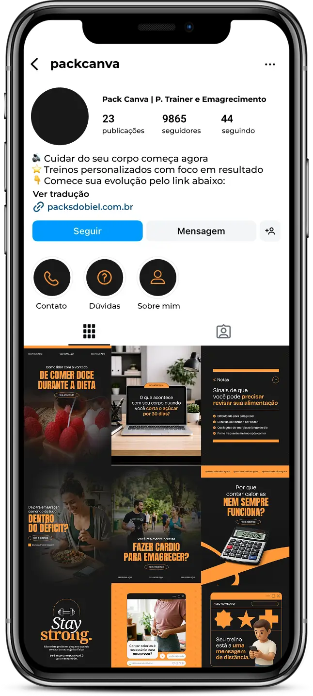 Pack de posts editáveis no Canva para educadores físicos que desejam atrair alunos interessados em emagrecimento, abordando temas como treino em casa, exercícios simples, motivação e consistência.