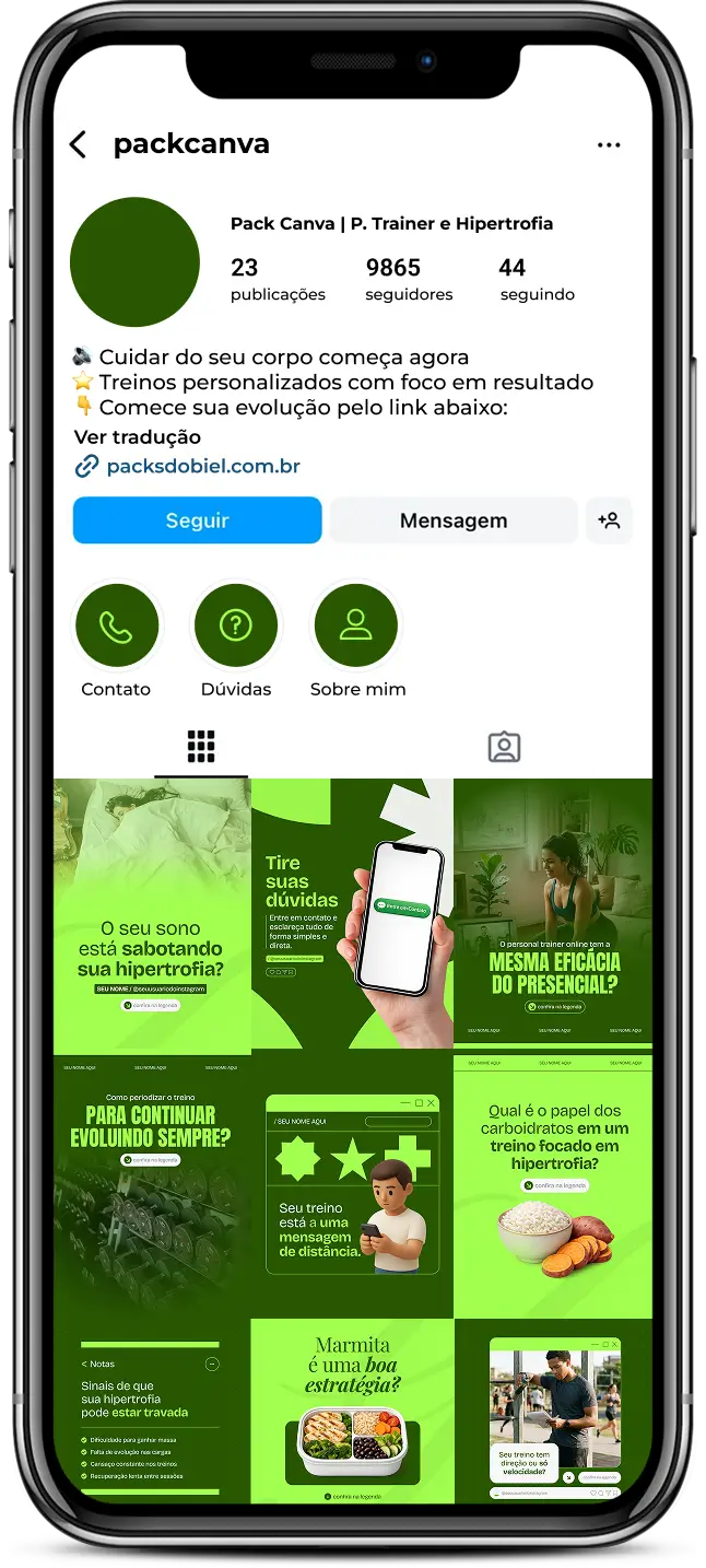 Pack de artes editáveis no Canva para personal trainer que compartilha conteúdos sobre rotina de treino, periodização, exercícios para cada grupo muscular e progressão de resultados.