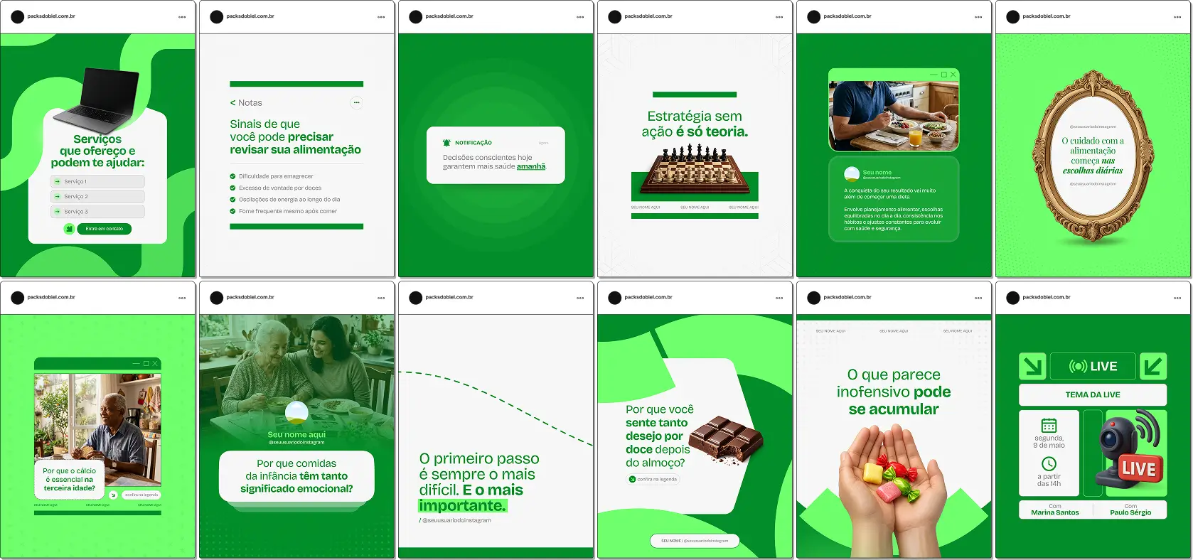 Pack de artes editáveis no Canva para nutricionistas que desejam abordar temas como emagrecimento sustentável, ansiedade alimentar, controle de porções, escolhas saudáveis e qualidade de vida.