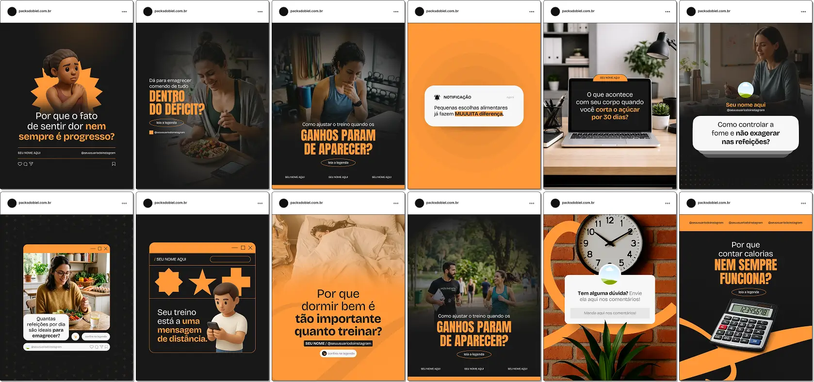Pack de posts editáveis no Canva para personal trainer que deseja fortalecer sua presença no Instagram, criando conteúdos sobre exercícios para emagrecer, estilo de vida ativo, saúde e transformação corporal com consistência e estratégia.