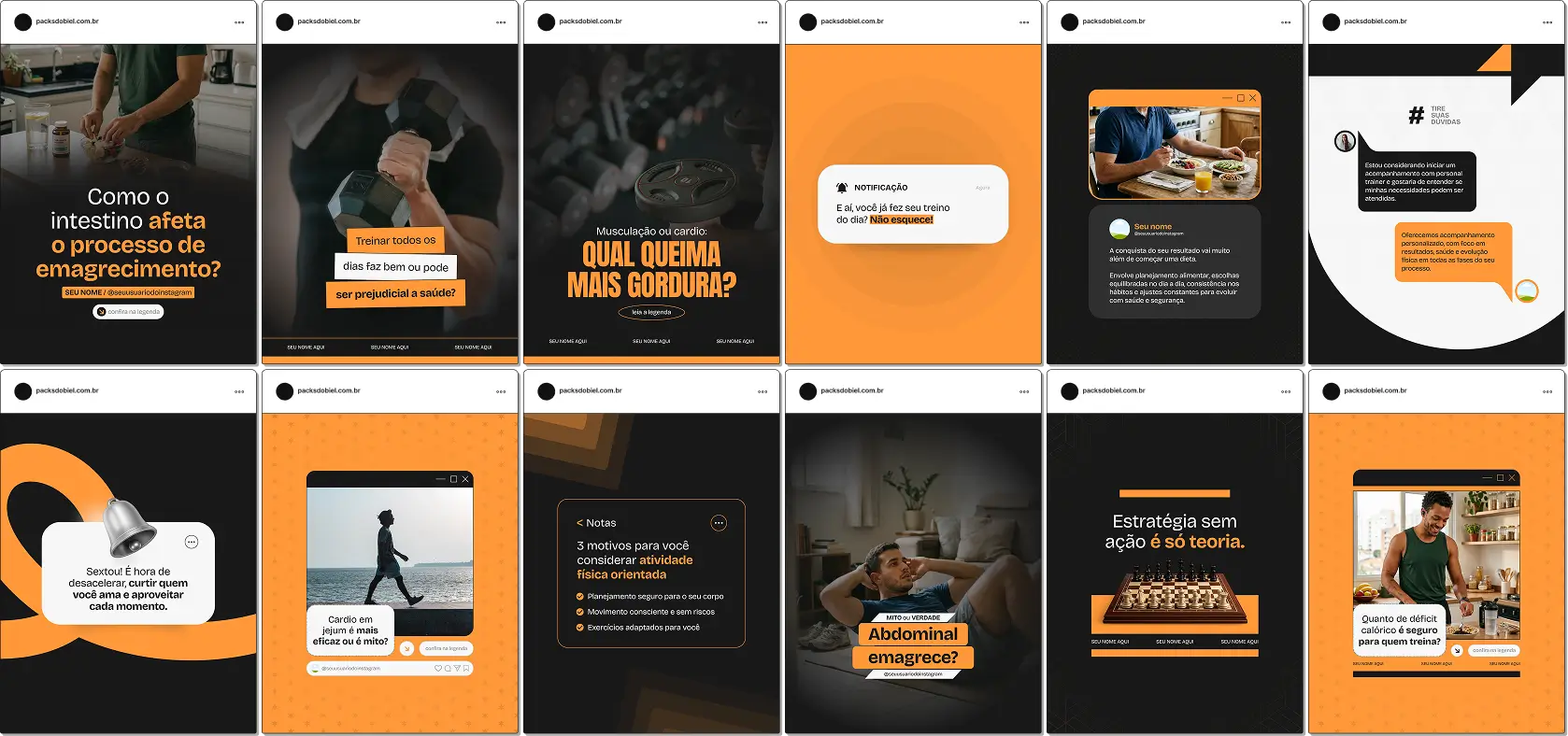 Pack de posts editáveis no Canva para personal trainer focado em emagrecimento, ideal para criar conteúdos sobre perda de peso, queima de gordura, treino HIIT, cardio e construção de hábitos saudáveis, mantendo um feed profissional e estratégico.