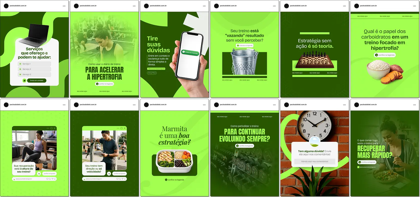 Pack de posts editáveis no Canva para personal trainer focado em hipertrofia, ideal para criar conteúdos sobre ganho de massa muscular, divisão de treino, progressão de carga e execução correta dos exercícios, mantendo um feed profissional e estratégico.