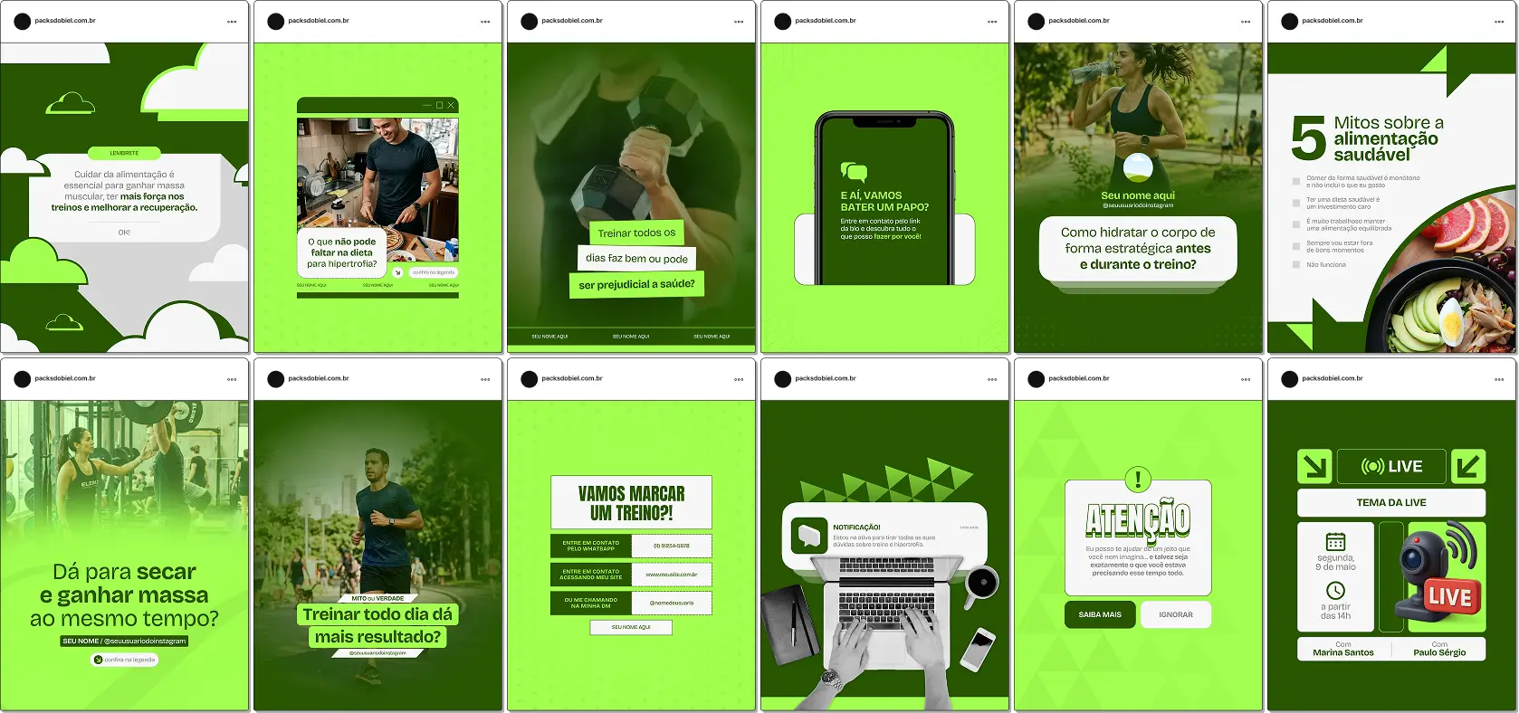 Pack de templates editáveis no Canva para personal trainer que atende alunos com foco em ganho de massa, criado para produzir conteúdos sobre planejamento de treino, sobrecarga progressiva, periodização, técnicas de execução e resultados consistentes.