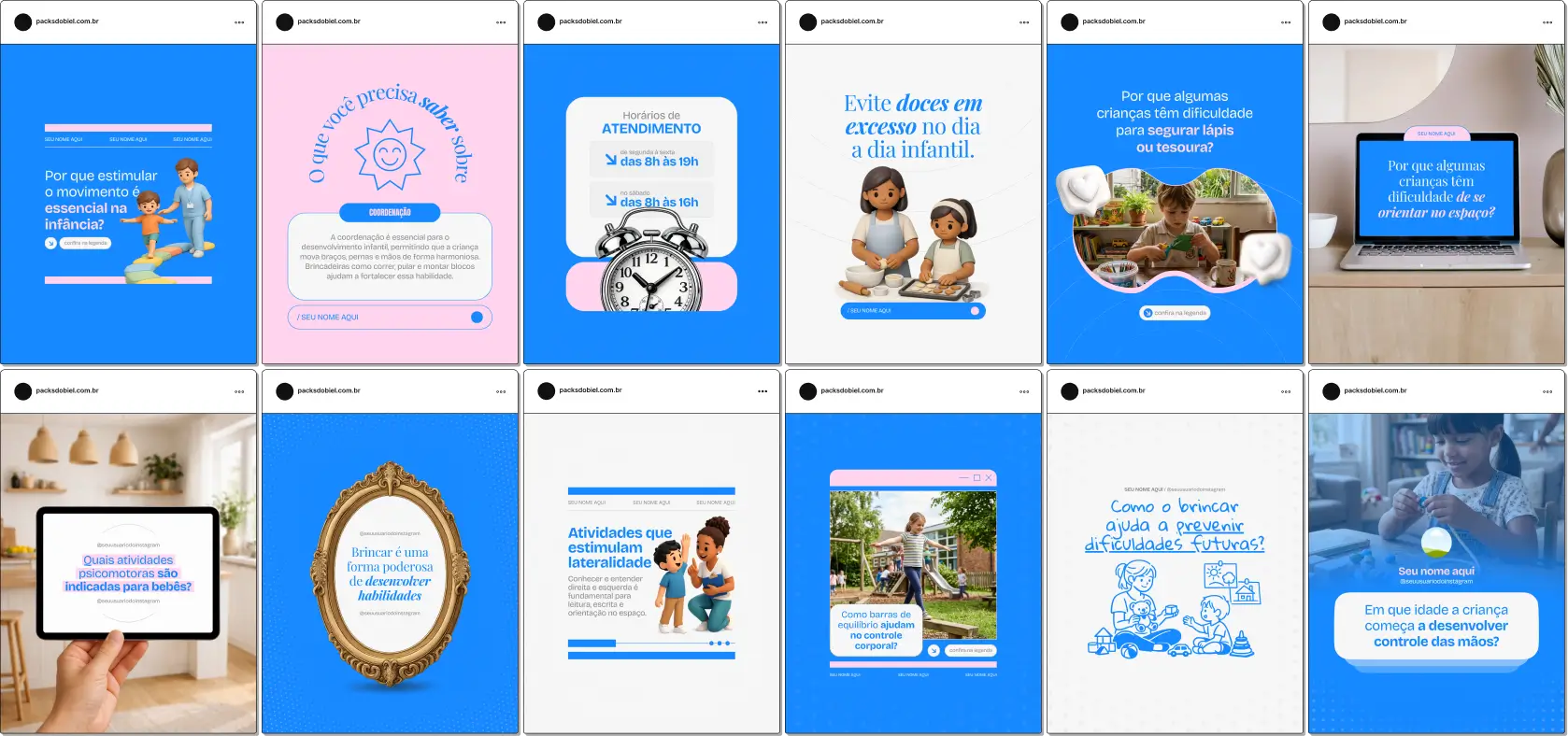 Pack de posts editáveis no Canva para profissionais de psicomotricidade, ideal para criar conteúdo sobre desenvolvimento motor, coordenação, equilíbrio, percepção corporal, estimulação infantil e qualidade de vida.