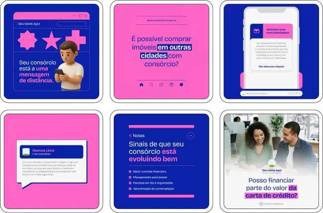 Pack de templates editáveis no Canva para vendedores e consultores de consórcio, criado para facilitar conteúdos sobre lance, prazo, aprovação de crédito, compra de casa ou apartamento e estratégias de planejamento para conquistar o imóvel próprio.