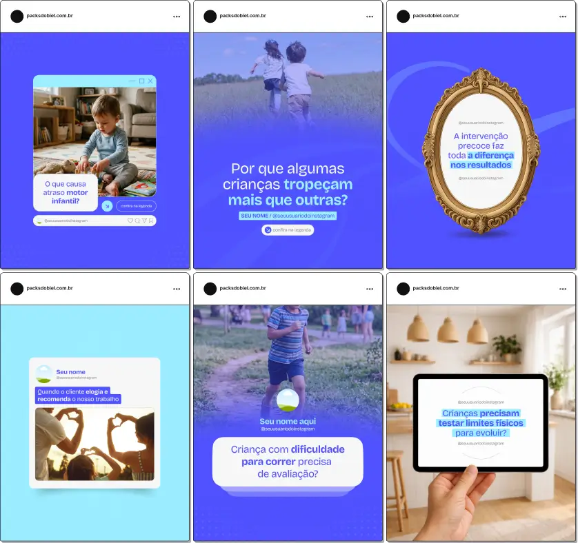 Pack de templates editáveis no Canva para fisioterapeutas que atendem crianças, criado para facilitar conteúdos sobre intervenção precoce, estimulação motora, dificuldades motoras, evolução infantil e orientações práticas para famílias.
