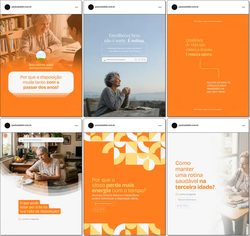 Pack de artes editáveis no Canva para gerontólogos, ideal para quem produz conteúdo sobre processos de envelhecimento, prevenção de doenças, saúde física e emocional do idoso e promoção do bem-estar na longevidade, transmitindo clareza e autoridade.